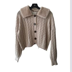 Pink Rose Fur Collar Cable Sweater